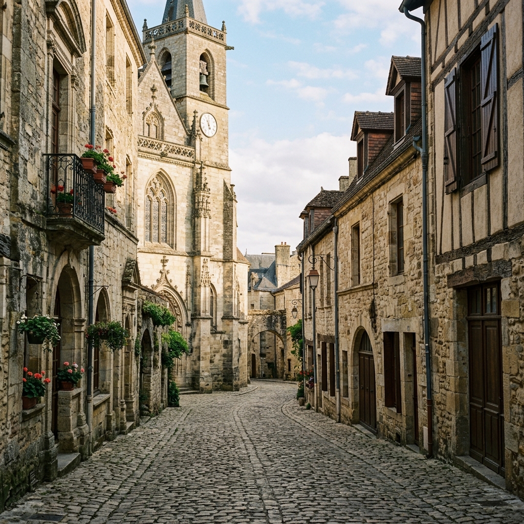 Ancient stone architecture in a historic European city, cobblestone street, soft afternoon lighting, no people